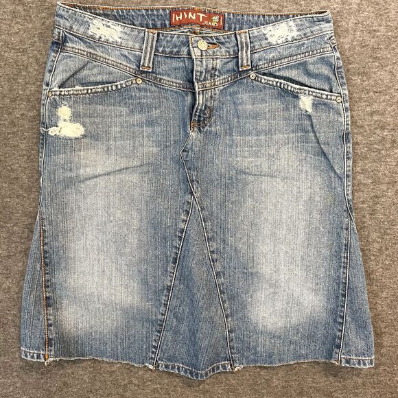 Hint Jeans Distressed Mid-Wash Denim Skirt Juniors Size 11 Raw Edge - Picture 1 of 15